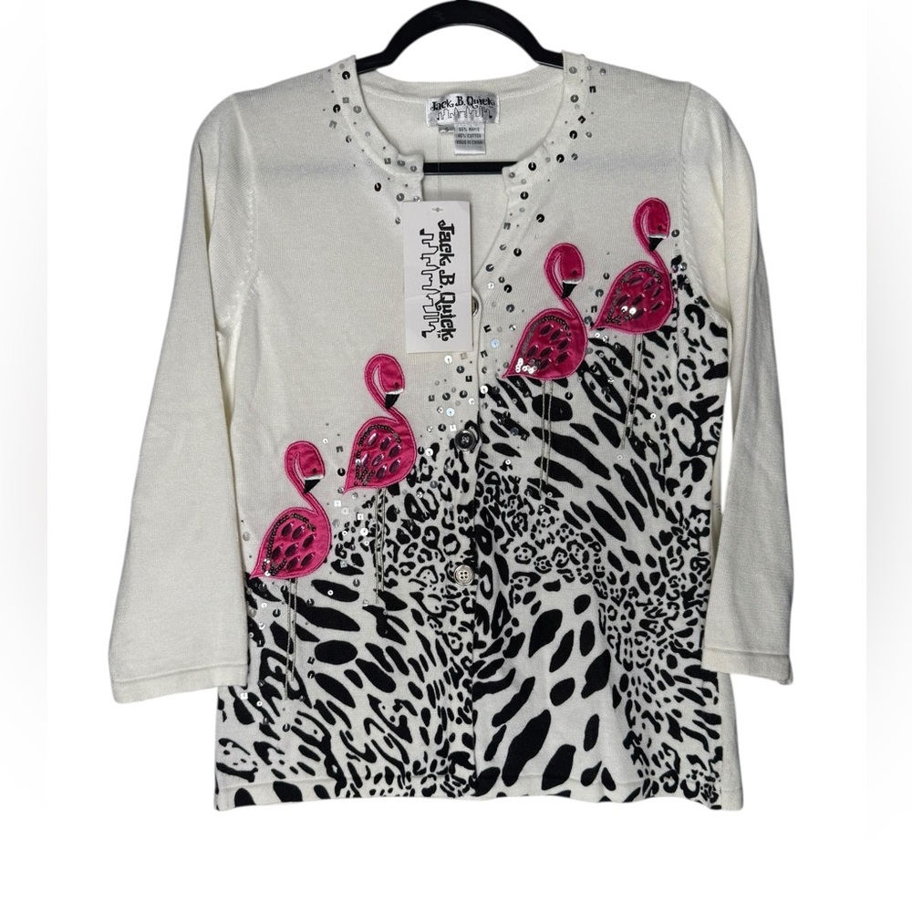 Jack B. Quick Cardigan Small Flamingo Embellished Knit Sequins Retro Artsy NEW